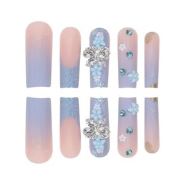 Uñas postizas cuadradas a presión largas azules con purpurina 3D diseño de mariposa con diamantes de imitación de flores postizas acrílicas para mujer