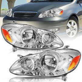 Headlight Assembly Replacement for Toyota Corolla 2003 2004 2005 2006 2007 2008 Headlamps Replacement Passenger and Driver Side, Chrome Housing with Amber Reflector