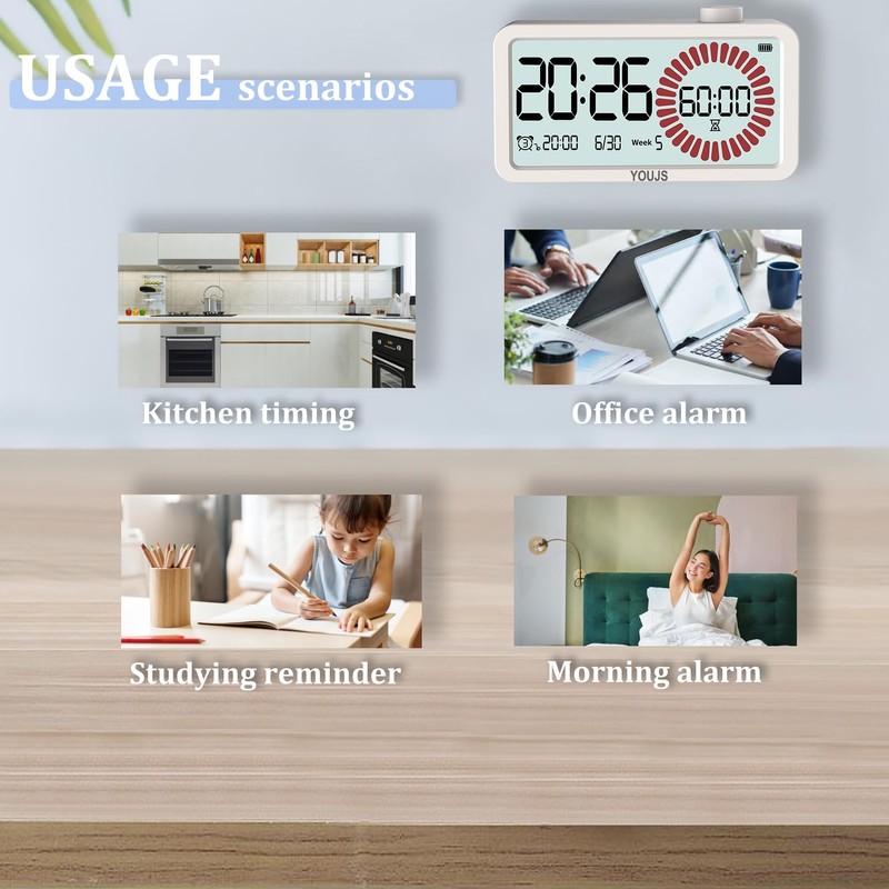 Visual Timer 4-in-1 Alarm Clock,for Heavy Sleepers Student Kids