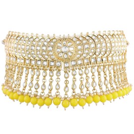 I Jewels Womens 18K Gold Plated Indian Wedding Bollywood Kundan & Pearl Studded Choker Necklace Jewellery Set (K7210Y) Yellow