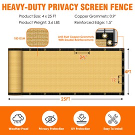 AOSION 4' x 25' Privacy Screen Fence, Heavy Duty 180 GSM Fencing Mesh Net Cover for Outdoor Wall Garden Yard Chain Link, – Easy Installation, UV-Resistant, Fence Privacy with Gloves & Zip Ties, Beige