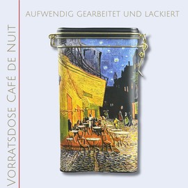 MediMuc Coffee Canister Cafe de Nuit Tea Canister Fridolin Edition Embossed and Elaborately Varnished Artist: Van Gogh Dimensions (W x H x D) Approx. 11 x 19.5 x 7.4 cm Volume Approx. 1.5 L