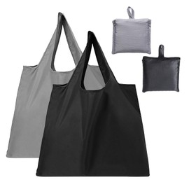 Reusable Shopping Bags for Groceries, 2 Pack Reusable Grocery Shopping Bags Foldable in Pouch Washable Grocery Tote Bag Black & Grey