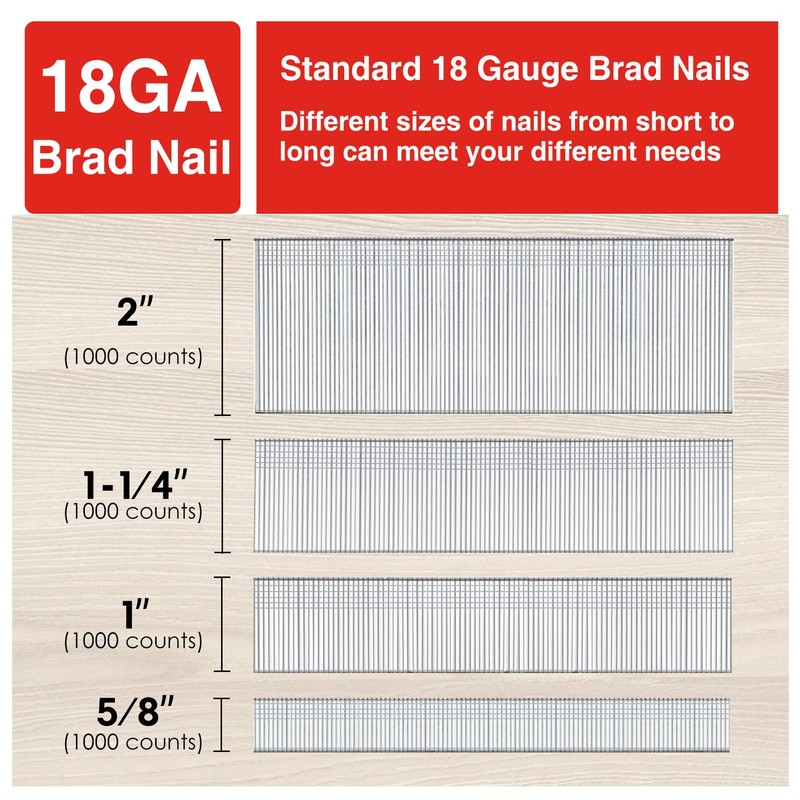 SHALL 18 Gauge Brad Nails, 2”, 1-1/4”, 1”, 5/8 Inch,
