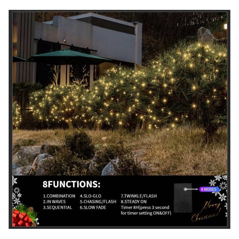 LAMPHOME 105FT 360 LED Outdoor String Lights Warm White,Extendable Holiday