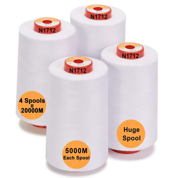 New brothread - 28 Options - 4 Large Cones of 5000M Each All Purpose Polyester Sewing Thread 40S/2 (Tex27) for Sewing, Quilting, Piecing, Serger and Overlock - White