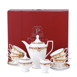 Porlien Exquisite Bone China 17-piece Tea Set for 6, Porcelain Tea Set with Teapot, Red Pattern Trimmed with Gold