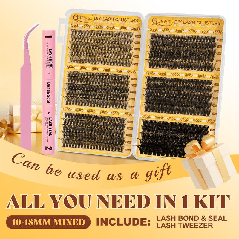 QUEWEL 580PCS Lash Clusters Kit 30D+40D+50D+60D+80D+100D Lashes Clusters Kit 10-18mm