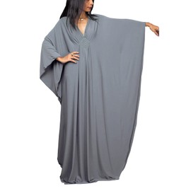 L-Peach Women's Bohemian Kaftan Maxi Loungewear Oversized Nightdress Homewear Beach Cover Up Dress, C Grey