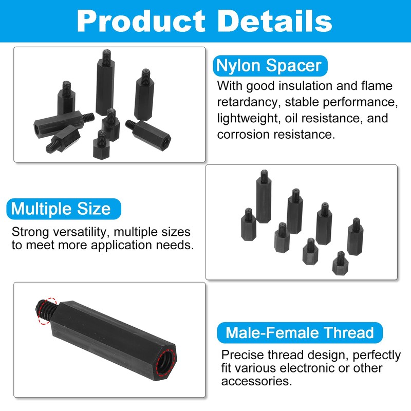 PATIKIL M3 ナイロンスペーサー 120個のメス-オススタンドオフスペーサー ネジ付き六角ナット付き PCBマザーボード 回路基板 スイッチ コンセント用 黒