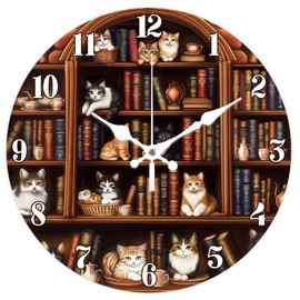 CHGCRAFT Vintage Bookshelf Wall Clock Cat Non-Ticking Clock 12 Inch Round Decorative Wall clock Printed Wall Clock for Home Office Decoration