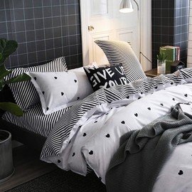 AShanlan Bed Linen Hearts White 135 x 200 cm 2-Piece Microfibre Duvet Cover Black White Striped Reversible Bed Linen Set with Zip and Pillowcase 80 x 80 cm