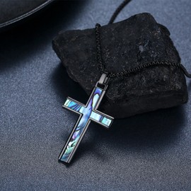 TakNii Black Cross Necklace for Men Women 925 Sterling Silver Abalone Protection Pendant Lords Prayer Amulet Crucifix Jewelry Gifts for Birthday Anniversary