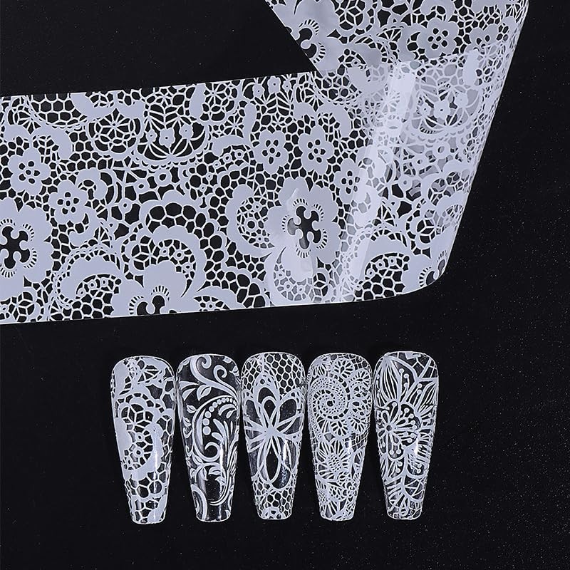 10 Stickers/Box White Nail Foil Lace Black Flower Spring Starry