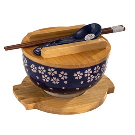 Urban Tokyo Japanese Kamameshi Style Ceramic Glazed Japanese Ramen Udon Pho Noodle Bowl With Spoon, Bamboo Lid, Chopsticks and Trivet 5 Piece Set (Sakura Cherry Blossoms)