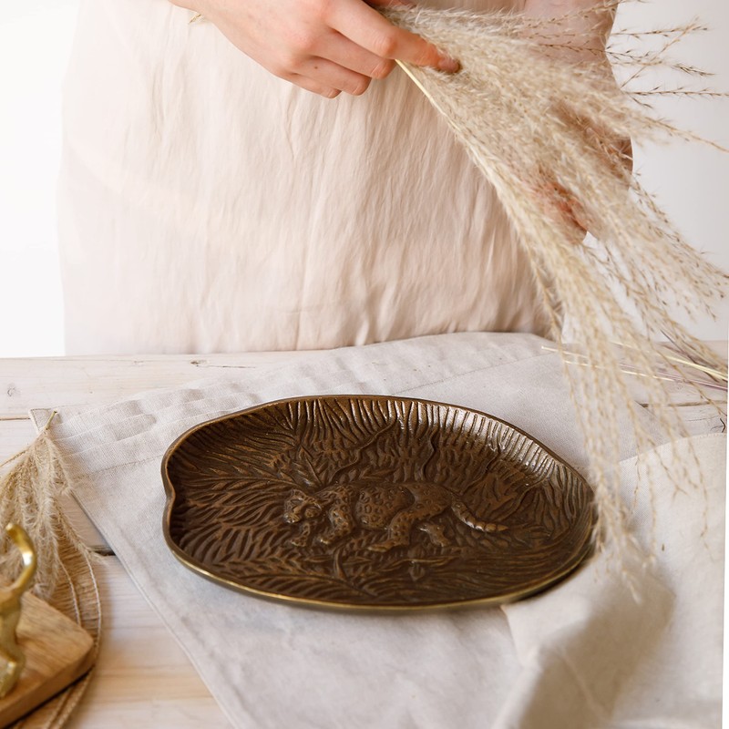 Artesà Oval Serving Platter, Rustic Embossed Metal Plate with Leopard