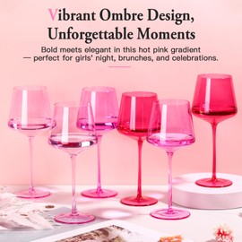 SIPBYSOP Hot Pink Wine Glasses Set of 6– Colorful Stemmed Glasses in Mixed Shades of Pink,Coloful Birthday Party Wine Glass,18OZ