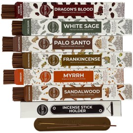 Woody Incense Sticks Variety Pack - 120 Insence-Sticks (6 Incents x 20 Insense) - White Sage Palo Santo Dragons Blood Sandalwood - Natural Inscents-Sticks Non Toxic Cleansing Incienso + Burner Holder