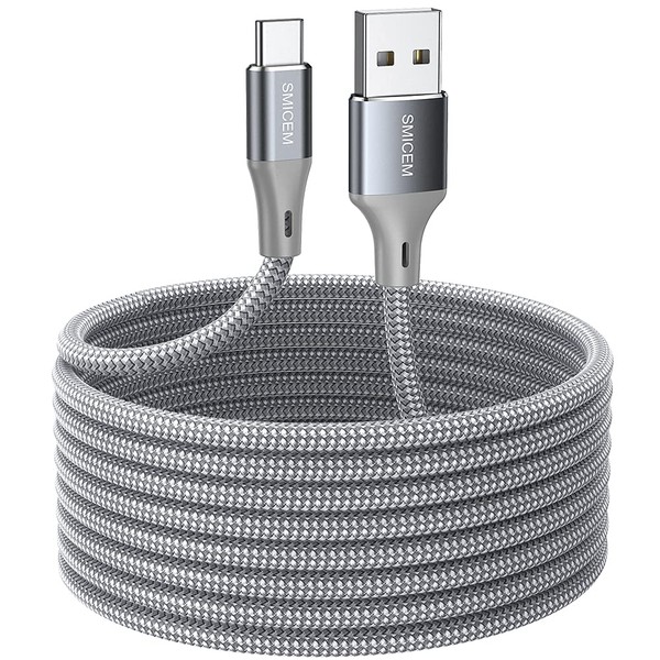 SMICEM USB Type C Cable 5M, USB A to USB C Extra Long Durable Nylon Braided Fast Charge Cable, USB C Charger Cable Compatible with Galaxy S8 S9 S10 LG G6 G7 V20 V30 V40 Note 8 9 10 and More (Gray)