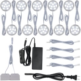 Meigour Hardwired Under Cabinet Lighting Kit, LED Puck Lights for Display Counter Cases, 120V Electric Wall Plug, 10 Ways Octopus Junction Box, On Off Switch, Cool White 6000K, 10 Lights
