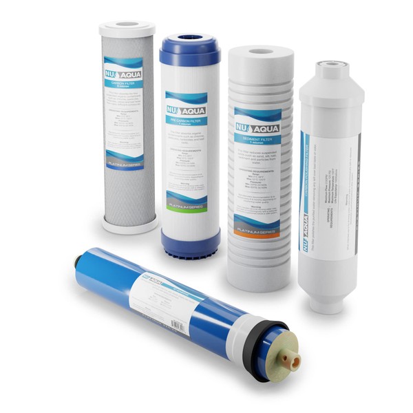 NU Aqua Reverse Osmosis Water Filter System Replacement Set - 5 Stage Under Sink Kit - Includes Membrane, Sediment, Carbon Filters, Parts & Fittings - Universal Undersink RO Filtration Cartridge Pack