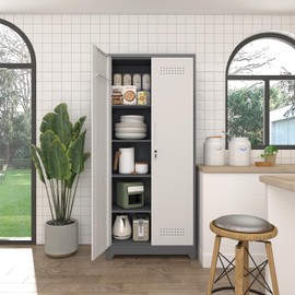 STEELIST Broom Storage Cabinet, Metal Cabinet with Shelves and Hanging Rod, 72.8" Utility Cabinets with Locking Door, Tall Cleaning Storage for Kitchen, Pantry, Office, Shop, Garage