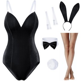 Women Velvet Bunny Costume Bunny Girl Suit Costume senpai Cosplay One Piece Bodysuit Stockings Set(Black M)