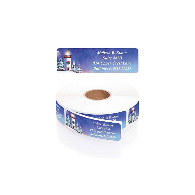 Snowy Lighthouse Designer Rolled Return Address Labels with Elegant Plastic