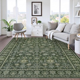 LIVEBOX Washable Area Rug 8x10 - Large Green Boho Living Room Rug Vintage Rugs for Bedroom, Non-Slip Retro Floral Carpet Print Distressed Accent Rugs for Dining Room Home Office