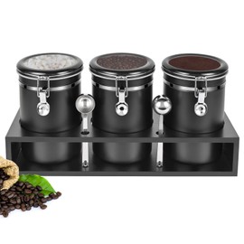 Yangbaga 3x63OZ Sugar Coffee Canisters with Shelf, 304 Stainless Steel Coffee Station Container for Ground Coffee Bean Storage with Airtight Locking Clamp&Scoop, Cereal Containers Storage for Kitchen