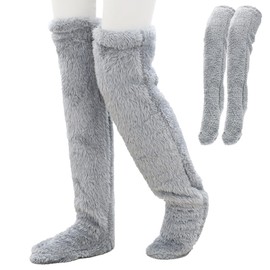Winter Knee High Fluffy Socks Gray Fuzzy Thermal Plush Slipper Stockings Thick Cozy Furry Extra Long Leg Warmers for Women Girls