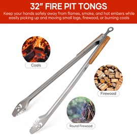 XUDAKAIXIN Fire Pit Tongs 32-inch Super Long for Loading Wood,BBQ with Extended Luxurious Acacia Handle for Fire Pits, Fire Rings,Campfires, and Fireplaces, Outdoor or Indoor ﻿