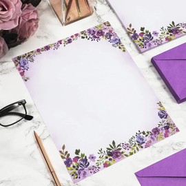Pipilo Press Purple Watercolor Floral Stationery Paper and Envelopes Set (8.5 x 11 In, 48 ...