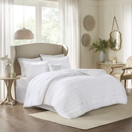 Madison Park Comforter Set-Textured Luxury Design All Season Down Alternative Bedding, Matching Sham, Decorative Pillows, Queen(90"x90"), Celeste, Ruffle White, 5 Piece