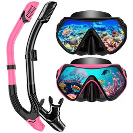 Snorkeling Gear for Adults, Dry-Top Snorkel Set Scuba Diving mask, 180°Panoramic Wide View Professional Snorkeling Gear Breathing Freely Snorkel Mask (Black+Pink)