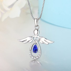 FJ Women’s Chain Guardian Angel Pendant Necklace in 925 Sterling Silver, Angel Chain with Cubic Zirconia Birthstone, Jewellery Gifts for Women and Girls