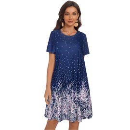 Women Summer Dresses Casual Short Sleeves Plus Size Tshirt Floral Pockets Beach Sundress (Blue Polka Dots, 2XL1)