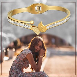 Flongo Women's Bracelet Stainless Steel Bracelet Women's Bangle BFF Chains with Rhinestone Butterfly Gold Golden Silver Elegant for Women