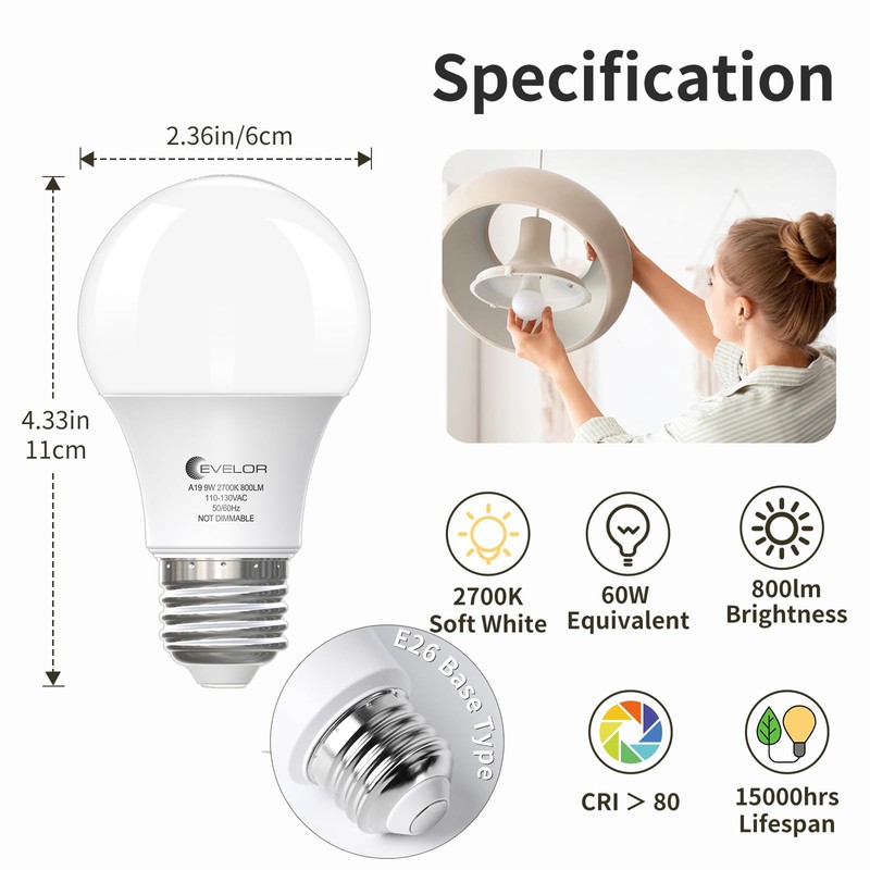 evelor A19 LED Light Bulbs,60 Watt Equivalent Soft White 2700K