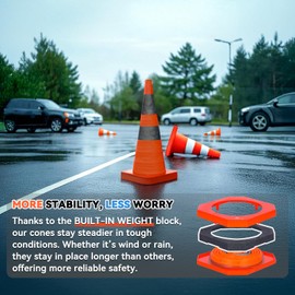 4 Pack 28-Inch Collapsible Traffic Cone with LED Light, Weighted Base Orange Safety Road Hazard Cone, Road & Parking Cone for Construction, Driving Practice & Lot Management - Sturdy Design