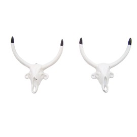Decorative Cast Iron Bull Horns Wall Decor, 6 Inch, White, Set of 2