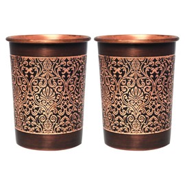 Copper Tumbler Set of 2, Floral Pattern, 250 Ml (8.45 US Fluid Ounce) Capacity For Ayurveda Health Benefits (Straight)