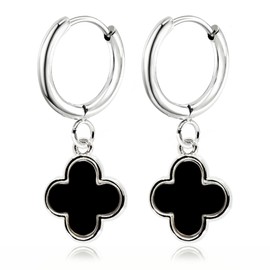 Black Four Leaf Clover Dangle Earrings for Women • Real Onyx Stone Lucky Clover Drop Huggie Hoops • Rhodium 925 Silver Plated Jewelry Gifts for Her Mom [CVRE-BK-S]