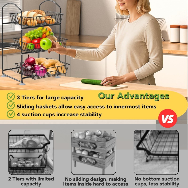 3 Tier Wire Baskets with 2 Banana Hangers, Detachable Countertop