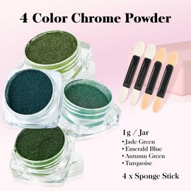 Chrome Nail Powder, 4 Colors Green Series Nail Chrome Powder - Mirror Effect Metallic Glitter Powder Kit for Nail Art Decoration, Resin Craft etc. (1g/Jar)