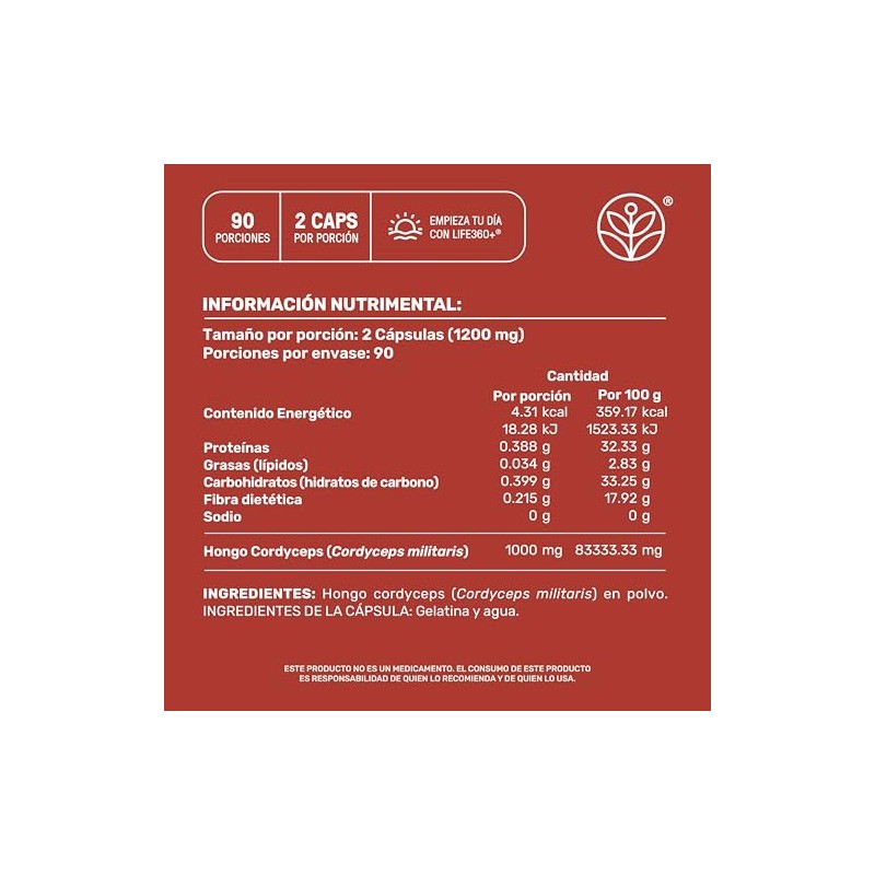 LIFE 360+ Cordyceps Extracto Puro| 180 cápsulas | 1200mg por