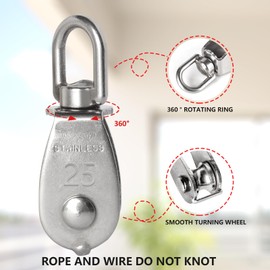 Jiaxitek 6 Pack M25 Single Pulley Block,304 Stainless Steel 360° Swivel Pulley Wheel Roller,Pulley System for Crane, Marine, Industrial, Construction, Shoulder Pulley, Safe Loading to 150KG