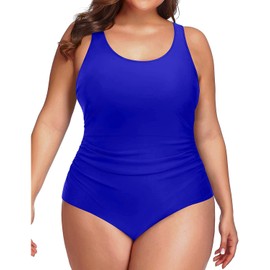 Daci - Traje de baño de una pieza para mujer, talla grande, control de barriga, traje de baño atlético fruncido,, Azul Real, X-Large