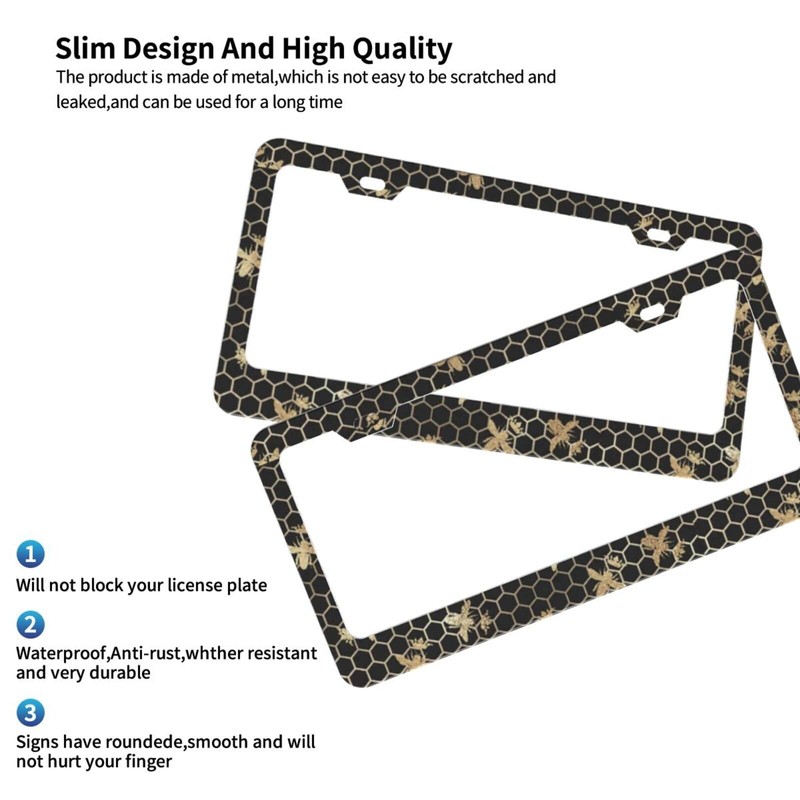 Foruidea Gold Queen Bees and Honeycomb Matte Aluminum License Plate