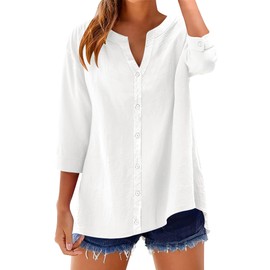 LOMON Womens 3/4 Sleeve Button Down Shirts Cotton Linen Roll Up Short Sleeve Tops V Neck Casual Loose Blouse White M